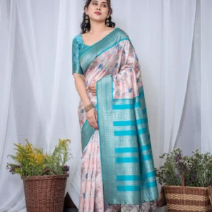 Pure Banarasi Digitally Printed Silk Saree Weaved With Zari Comes With Tassels.