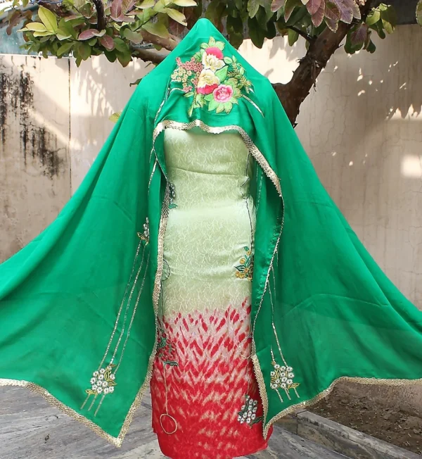Lemon Green Tie Dye Full Suit With Bottle Green Chinon Chiffon Dupatta