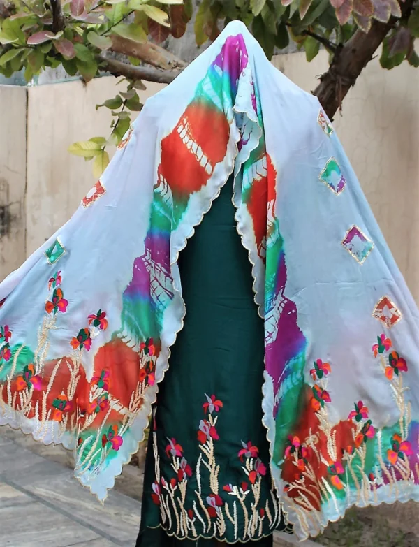 Bottle Green Full Suit With Chinon Chiffon Tie Dye Dupatta