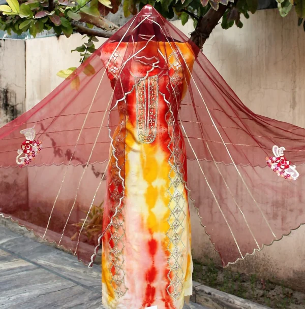 Light Yellow Tie Dye Full Suit With Net Dupatta