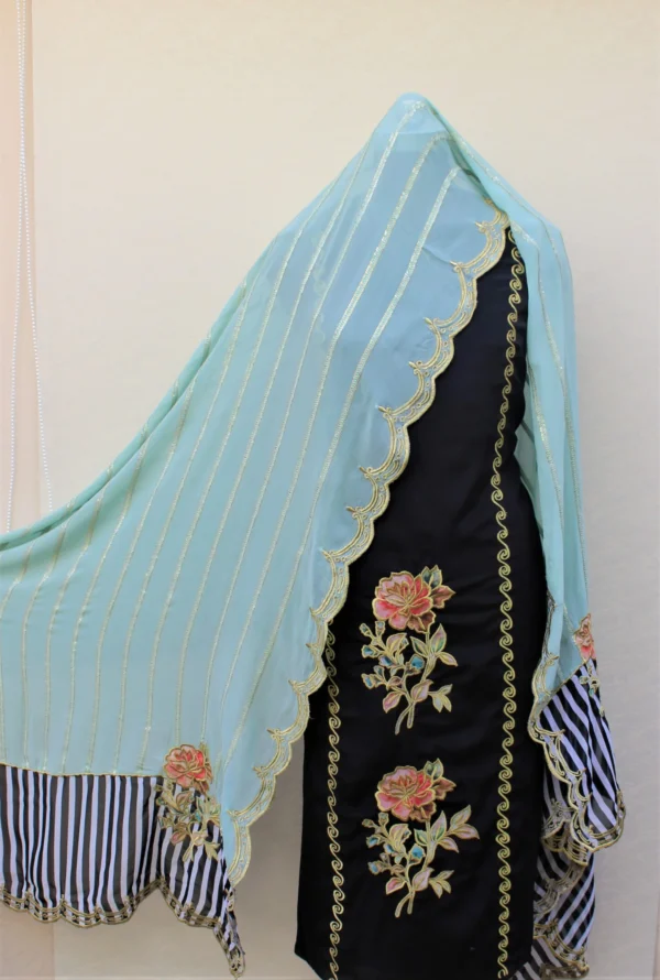 Black Full Suit With Light Sky Georgette Chiffon Dupatta