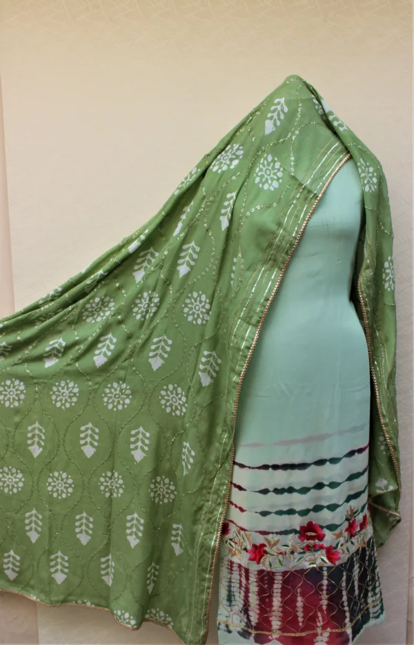 Pista Green Tie Dye Full Suit With Chinon Chiffon Dupatta