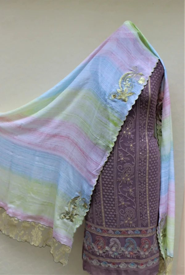 Purplish Greay Full Suit With Chinon Chiffon Dupatta