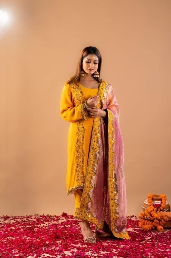 Yellow Full Suit With Onion Pink Tissue Organza Dupatta