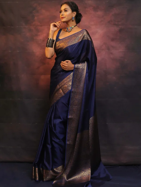 Blue Pure Kanjivaram Silk Weaved With Copper Zari Comes With Heavy Kanjivaram Brocade Blouse