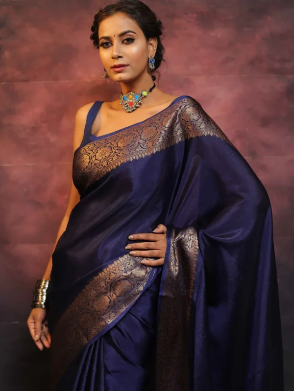 Blue Pure Kanjivaram Silk Weaved With Copper Zari Comes With Heavy Kanjivaram Brocade Blouse