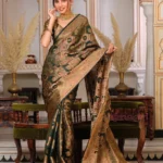 Dark Green Color Pure Organza Saree Adorned with Zari Weaving, Complete with Matching Blouse Piece