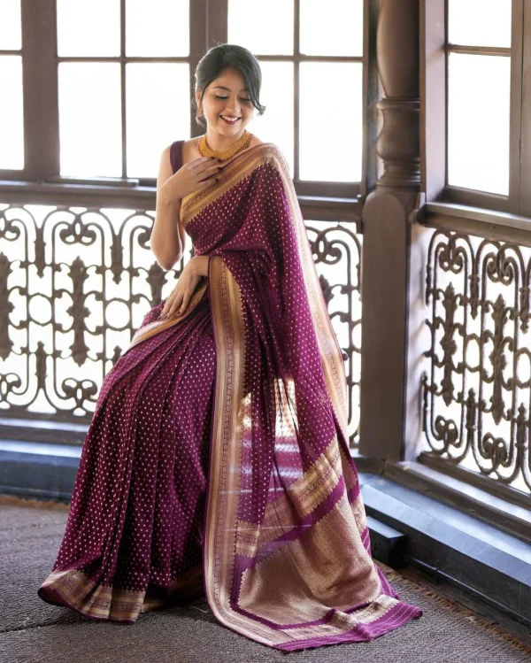 Wine Pure Kanjivaram Silk Weaved With Copper Zari Comes With Heavy Kanjivaram Brocade Blouse