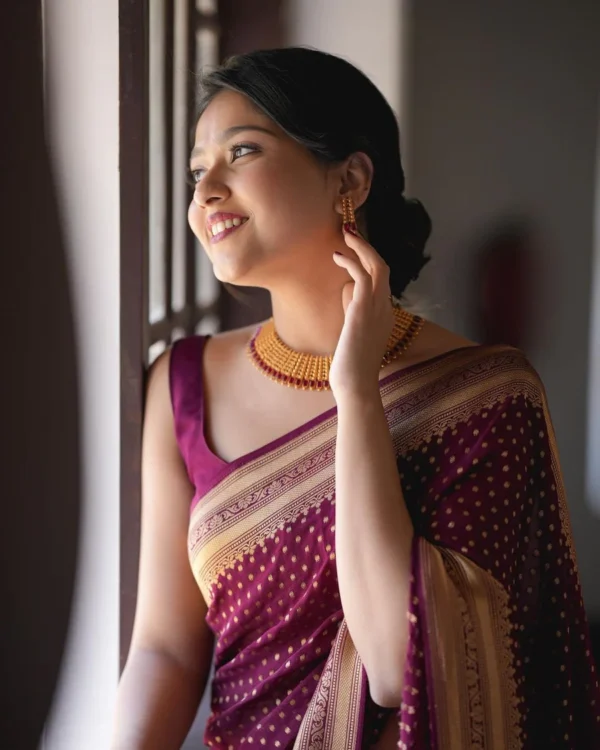 Wine Pure Kanjivaram Silk Weaved With Copper Zari Comes With Heavy Kanjivaram Brocade Blouse