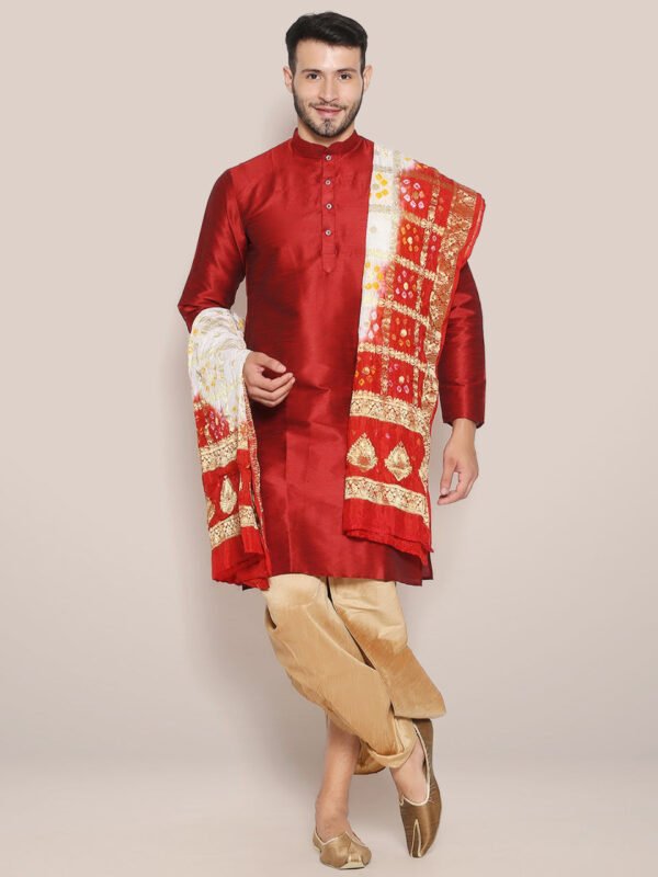 Men's White & Red Banarasi Bandhani Gharchola Silk