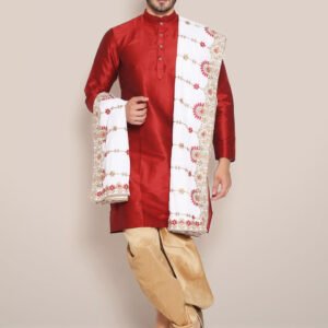 Men's White Embroidered Velvet Dupatta