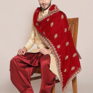 Men's Maroon Velvet Dupatta with Embroidered Gold Motifs.