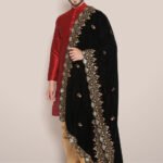 Men's Black Velvet Dupatta with Multicolour Embroidery