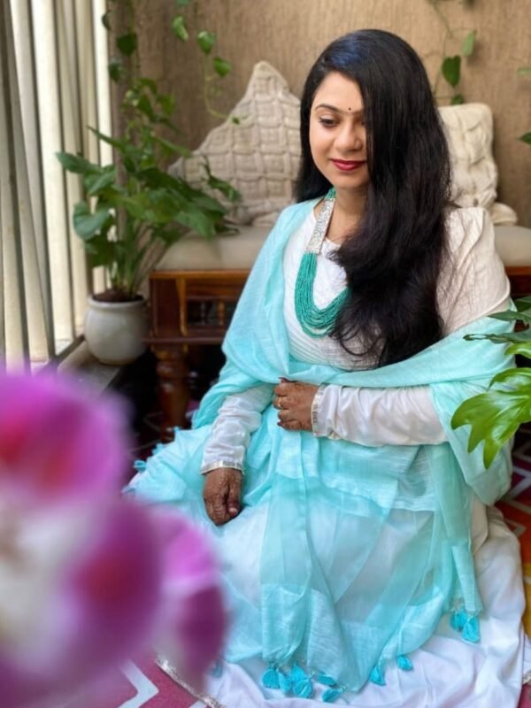 Light Blue Linen Dupatta with Organza Border and Tassels