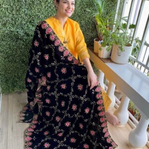 Black Velvet Dupatta with Pink Jaal Embroidery