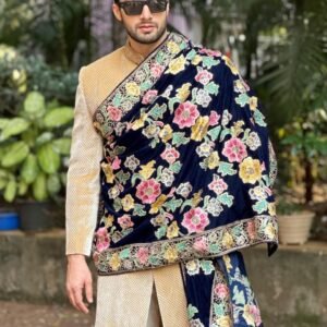 Men's Navy Blue Velvet Dupatta with Multicolour Embroidery  & Sequins All Over