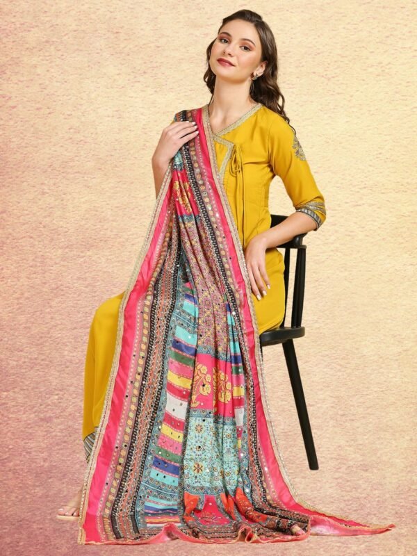 Digitally Printed Multicoloured Pakistani Chinnon Dupatta with Mirror Work