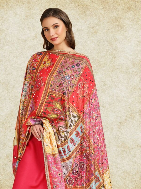Digitally Printed Multicoloured Pakistani Chinnon Dupatta with Mirror Work