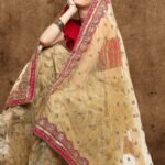 Gold Bridal Sada Saubhagyawati Bhav Net Dupatta with heavy Magenta Border