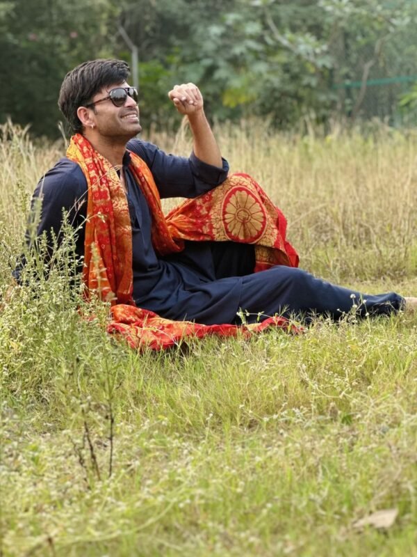 Red & Orange Men's Banarasi Bandhani Gharchola Silk Dupatta
